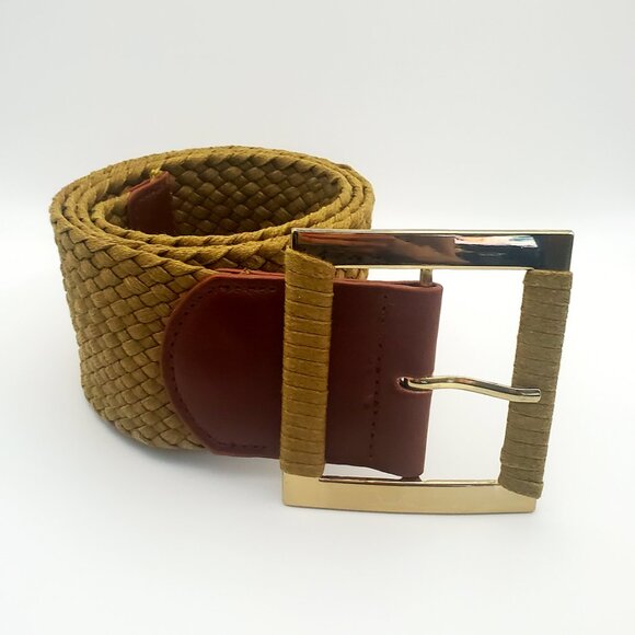 ALDO Women's Wide Woven Belt Gold Brown Square Buckle Faux Leather Trim Boho - Picture 2 of 6